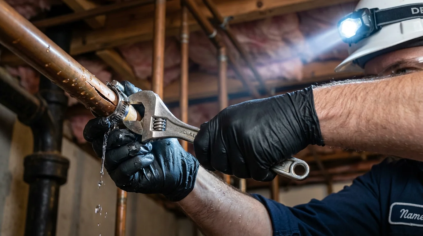 Emergency pipe clamp repair being performed by a Johns Plumbing LLC plumber in North Branch