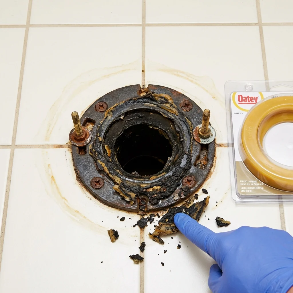 Failed wax ring showing water seepage at the base of a toilet in a North Branch, MI home
