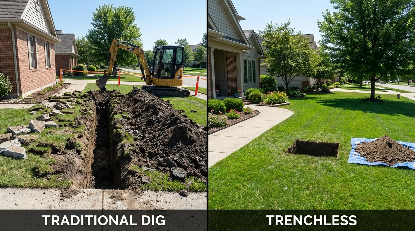 Trenchless sewer repair with minimal yard damage versus traditional excavation in North Branch, MI