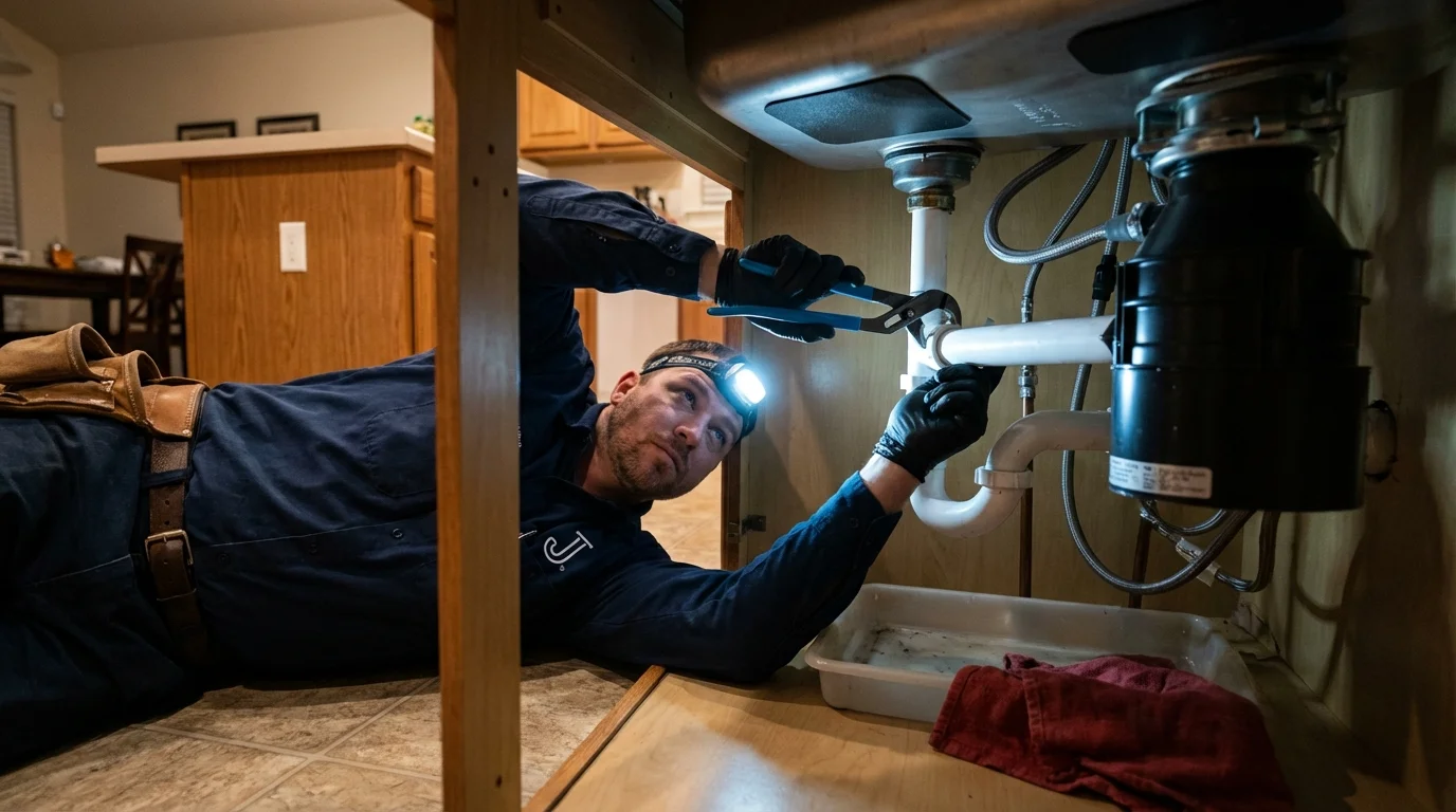 P-trap and supply line connections under a kitchen sink showing a common leak point in North Branch, MI